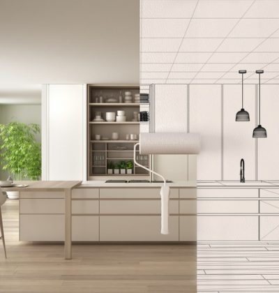 Paint roller painting interior design blueprint sketch background while the space becomes real showing modern kitchen. Before and after concept, architect designer creative work flow